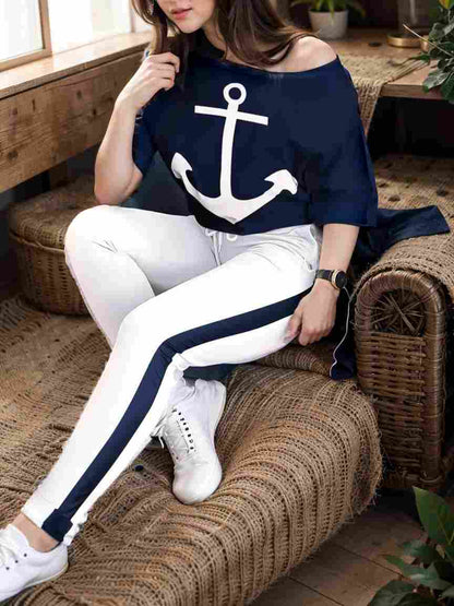 anchor print v neck long sleeve t shirt trousers two piece suit 145770