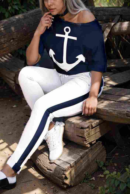 anchor print v neck long sleeve t shirt trousers two piece suit 115189