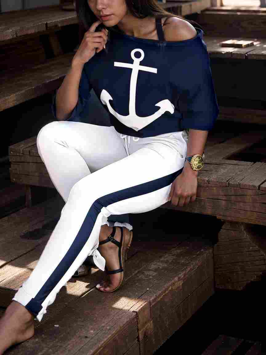 anchor print v neck long sleeve t shirt trousers two piece suit 123530