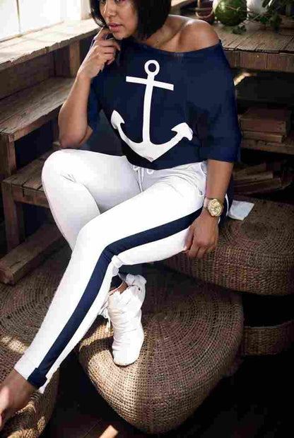 anchor print v neck long sleeve t shirt trousers two piece suit 120972