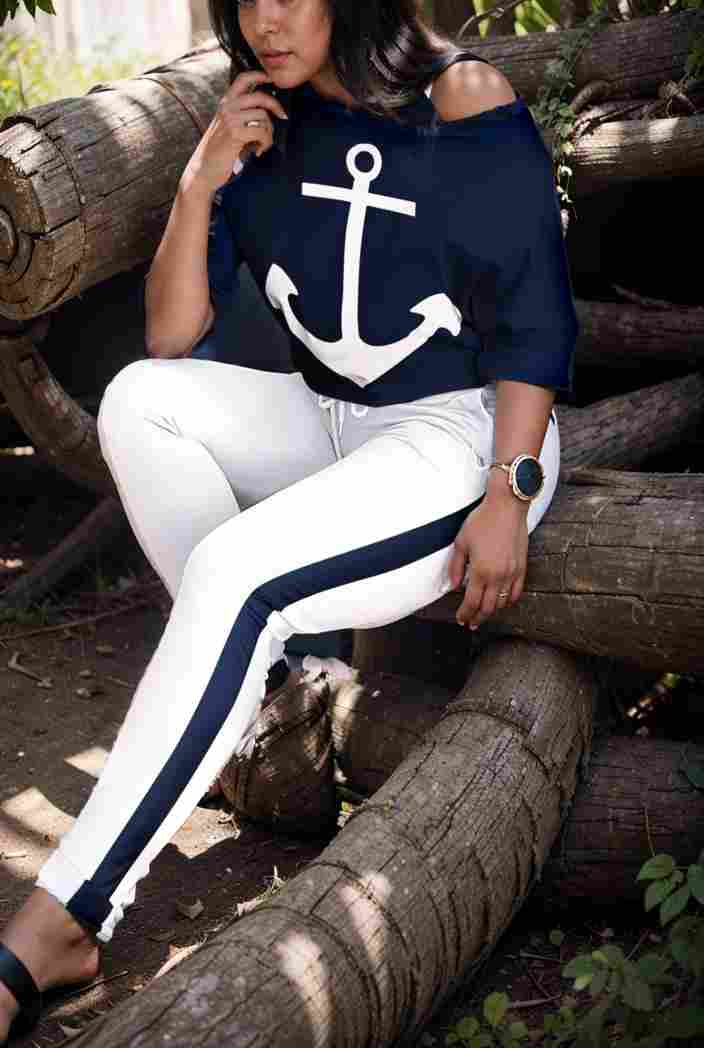 anchor print v neck long sleeve t shirt trousers two piece suit 140968