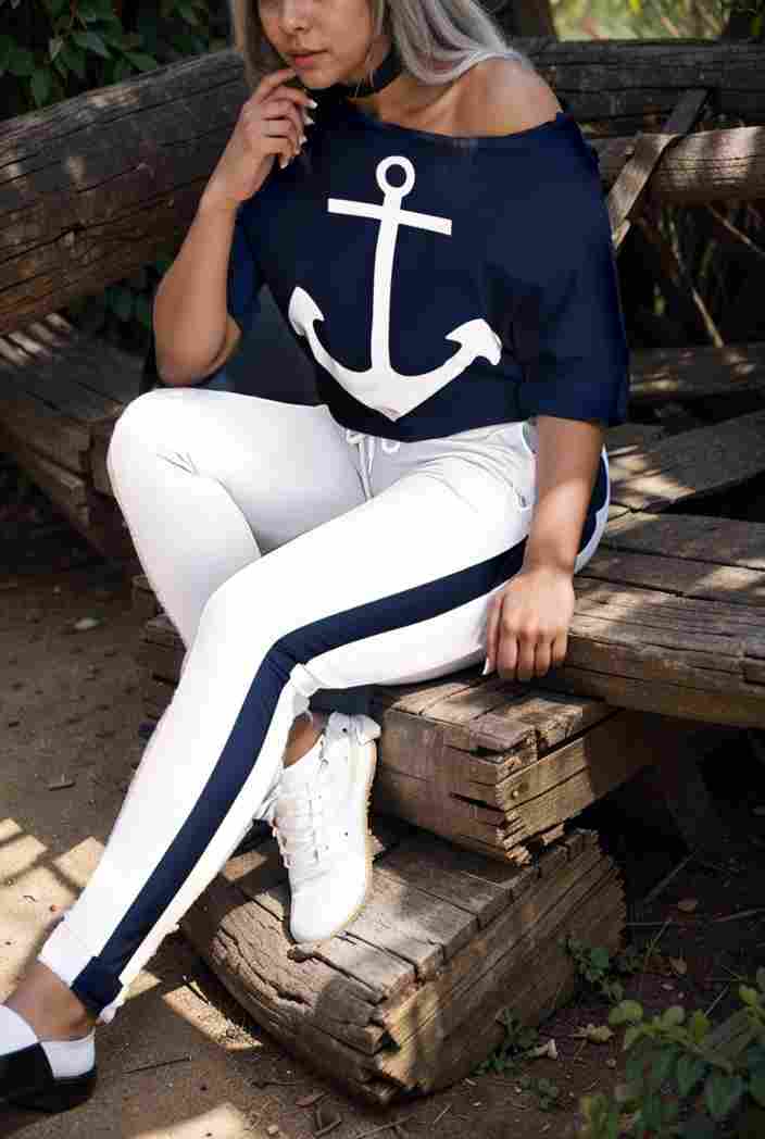 anchor print v neck long sleeve t shirt trousers two piece suit 100027