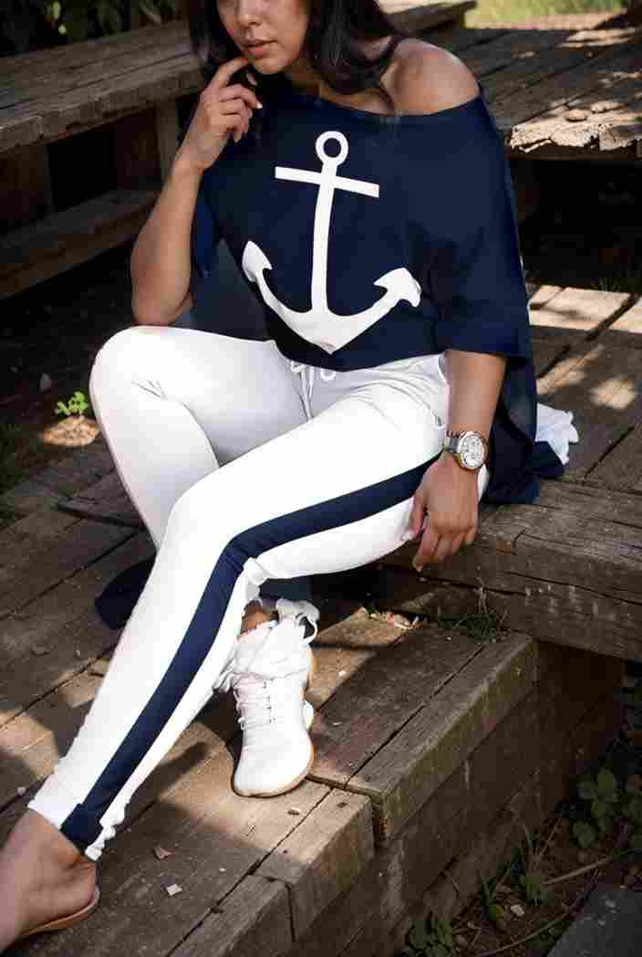 anchor print v neck long sleeve t shirt trousers two piece suit 111749