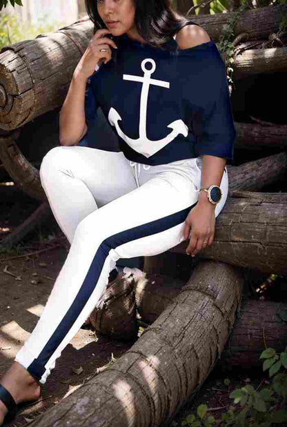 anchor print v neck long sleeve t shirt trousers two piece suit 115592