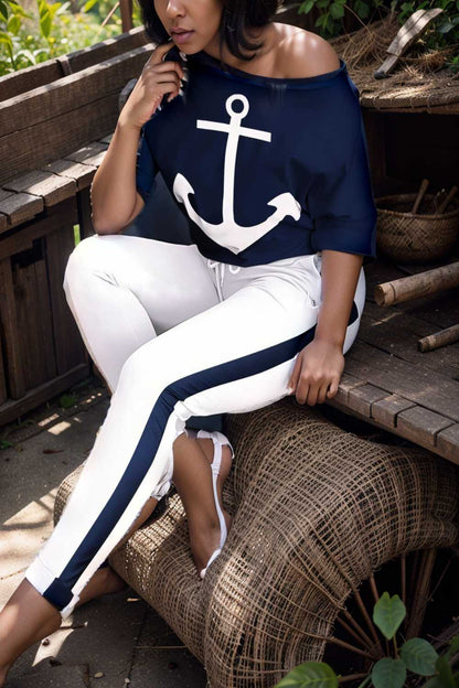 anchor print v neck long sleeve t shirt trousers two piece suit 107493