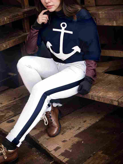 anchor print v neck long sleeve t shirt trousers two piece suit 103515