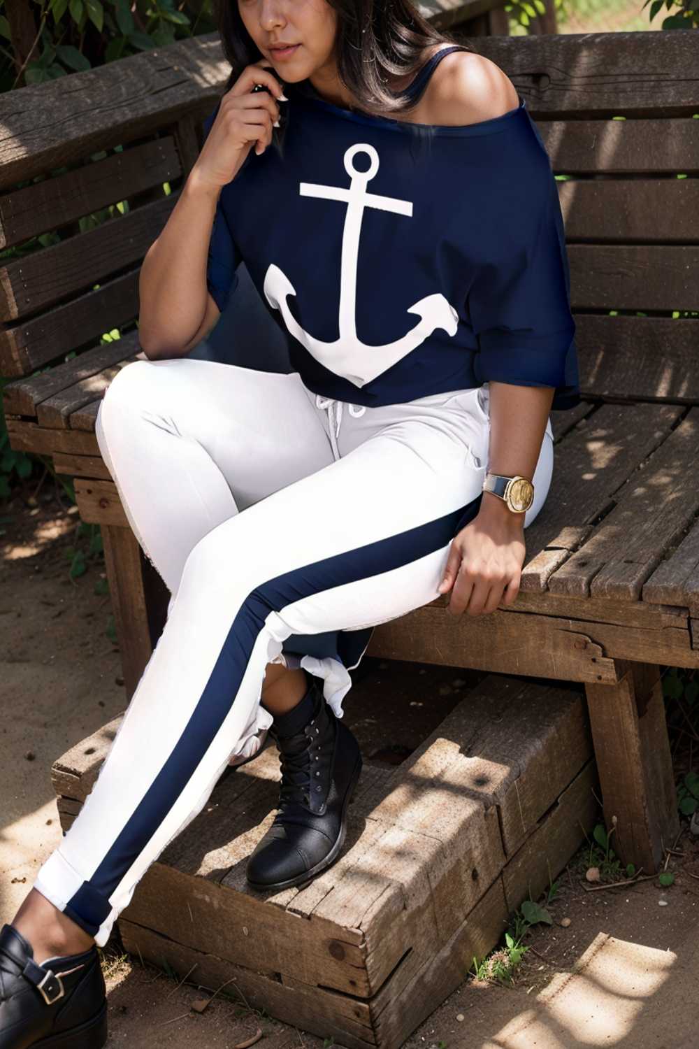 anchor print v neck long sleeve t shirt trousers two piece suit 126786