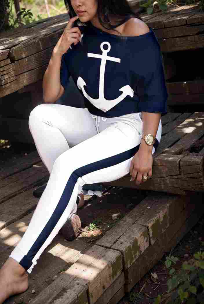 anchor print v neck long sleeve t shirt trousers two piece suit 123610