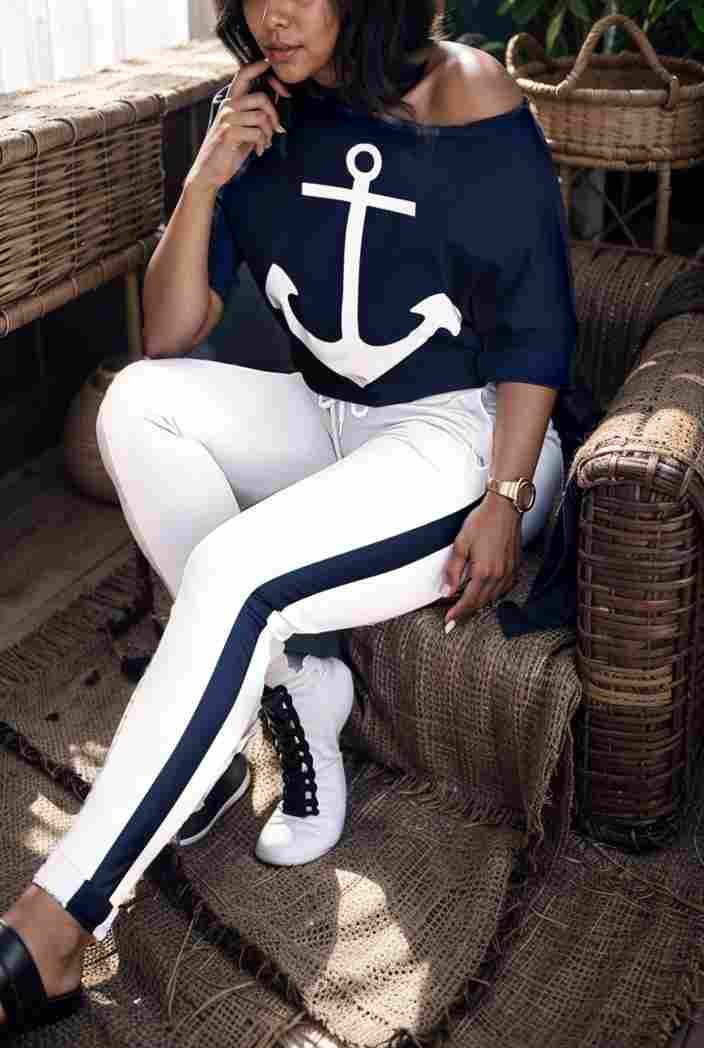 anchor print v neck long sleeve t shirt trousers two piece suit 100489