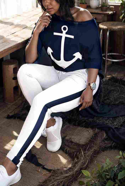 anchor print v neck long sleeve t shirt trousers two piece suit 133037