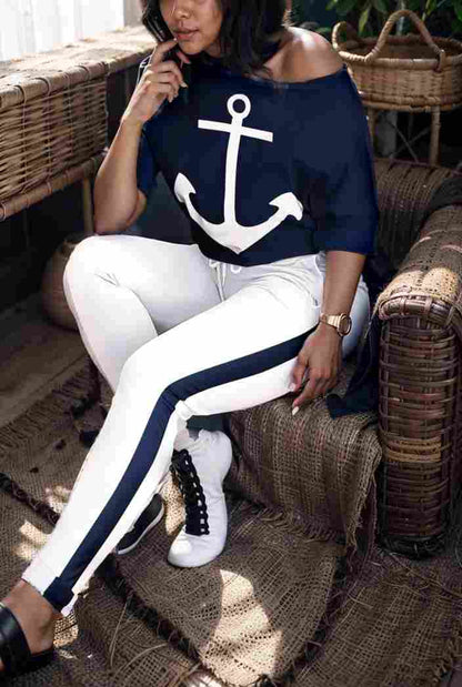 anchor print v neck long sleeve t shirt trousers two piece suit 129042