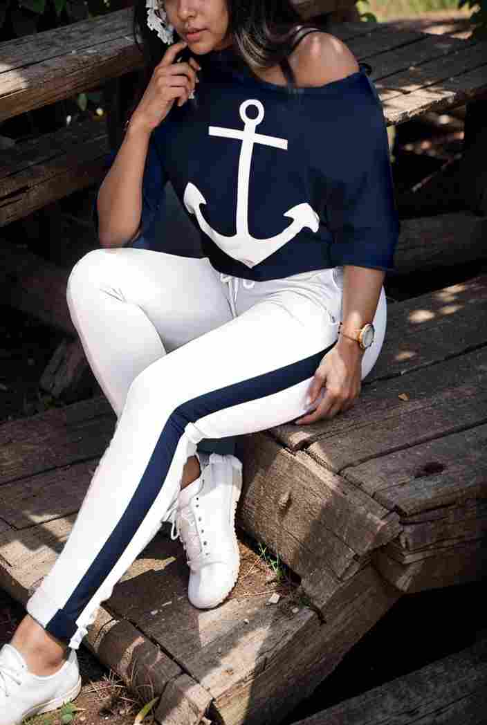 anchor print v neck long sleeve t shirt trousers two piece suit 110020