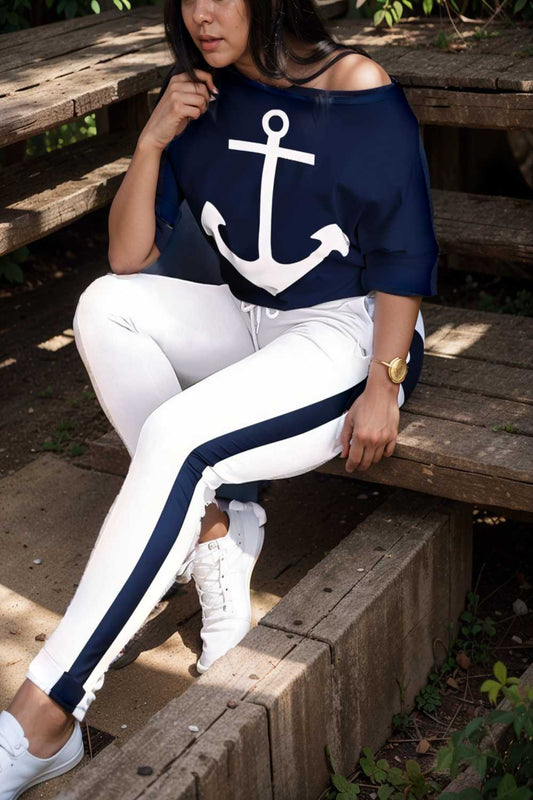 anchor print v neck long sleeve t shirt trousers two piece suit 102913