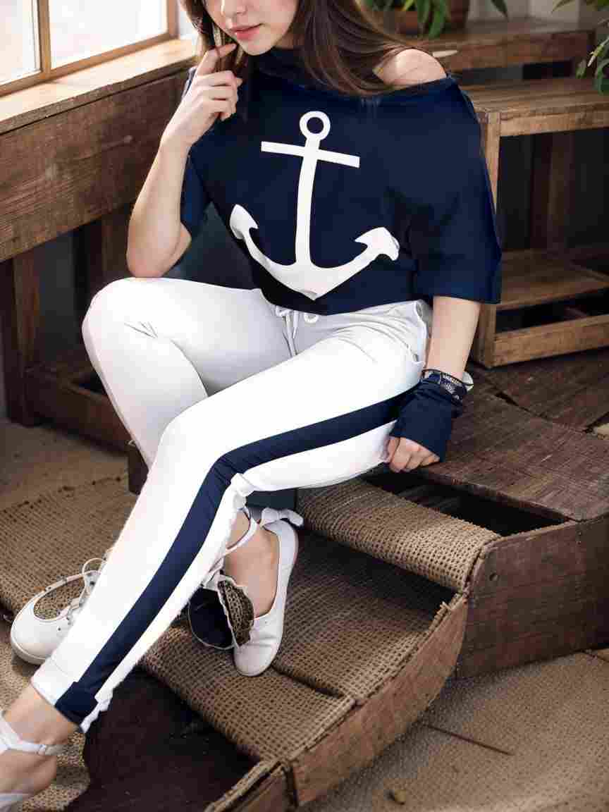 anchor print v neck long sleeve t shirt trousers two piece suit 106666