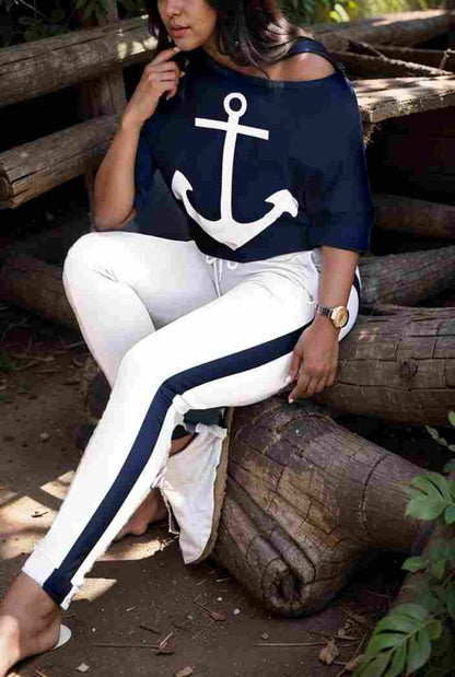 anchor print v neck long sleeve t shirt trousers two piece suit 120635