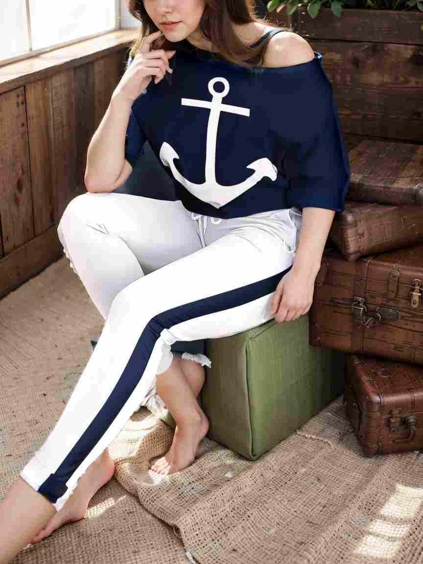 anchor print v neck long sleeve t shirt trousers two piece suit 141012