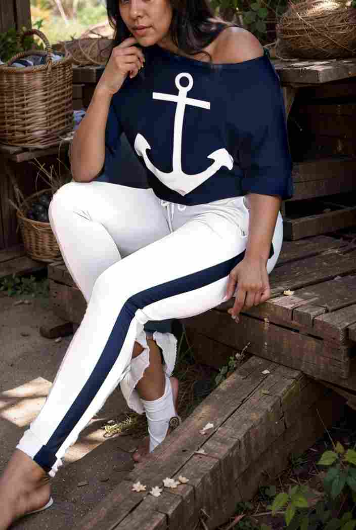 anchor print v neck long sleeve t shirt trousers two piece suit 137998