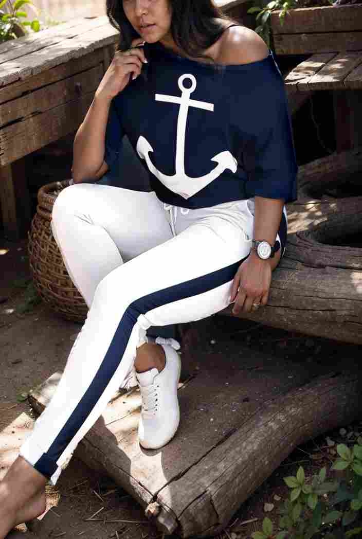 anchor print v neck long sleeve t shirt trousers two piece suit 103332