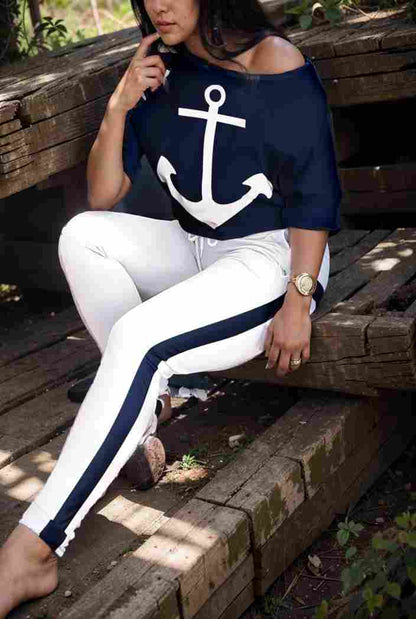 anchor print v neck long sleeve t shirt trousers two piece suit 121697