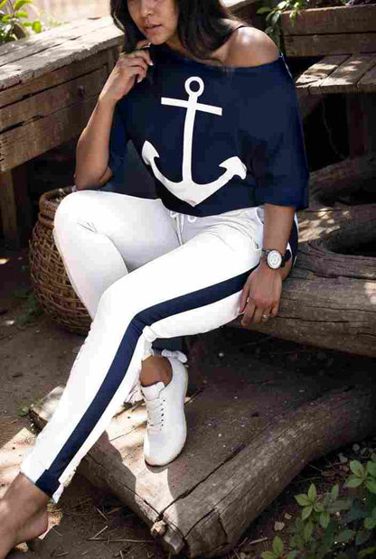 anchor print v neck long sleeve t shirt trousers two piece suit 107291