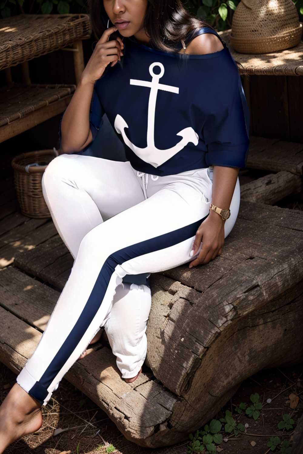 anchor print v neck long sleeve t shirt trousers two piece suit 107492