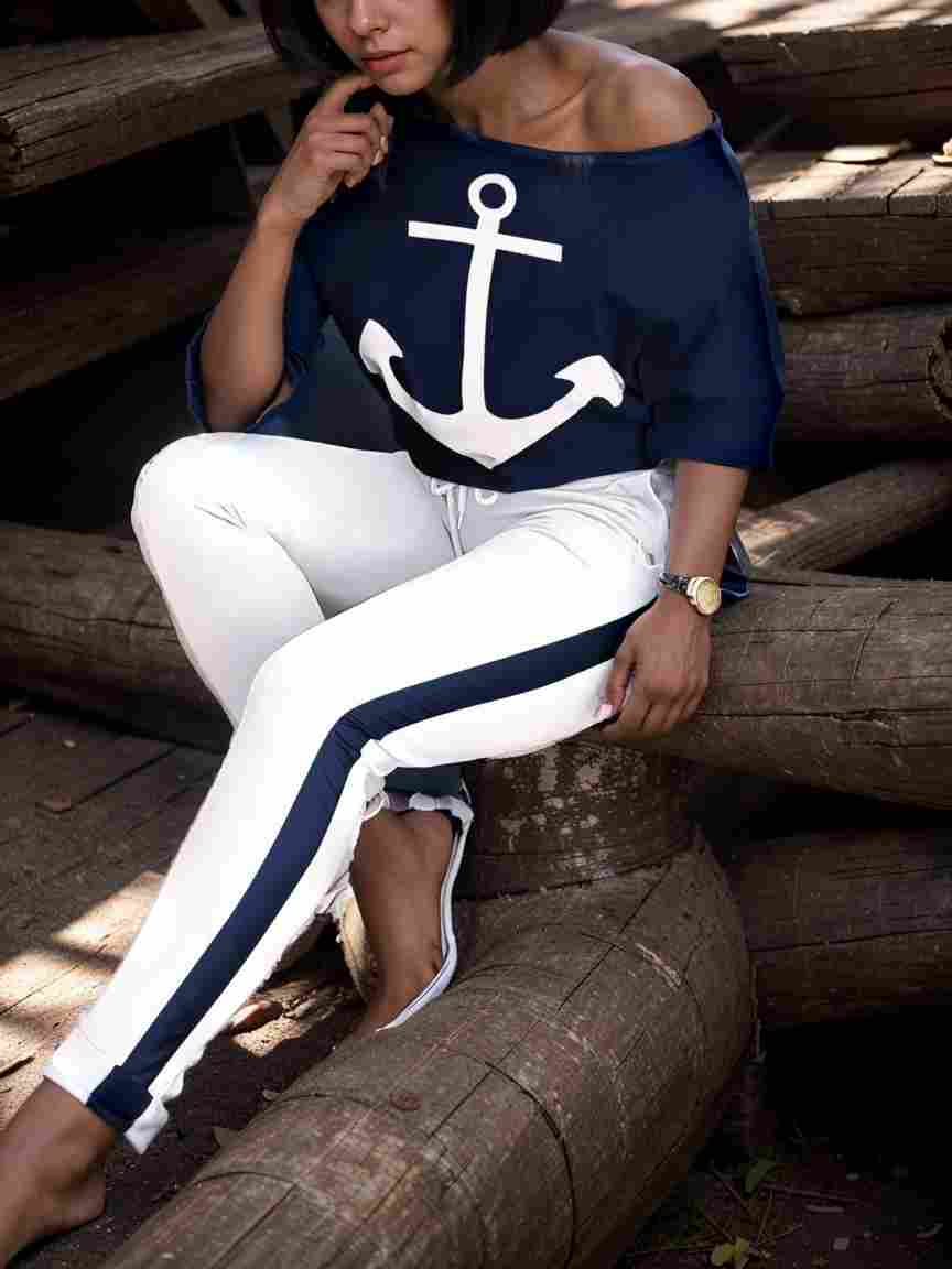 anchor print v neck long sleeve t shirt trousers two piece suit 111790