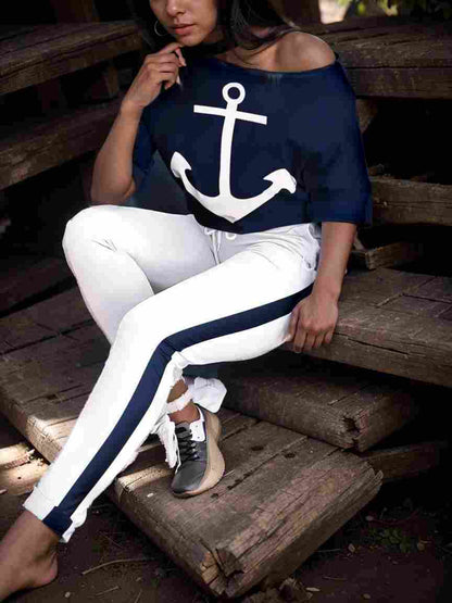 anchor print v neck long sleeve t shirt trousers two piece suit 100050