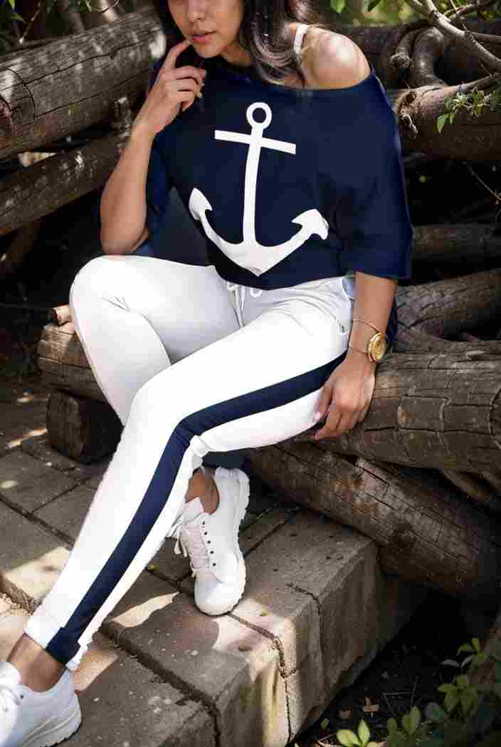 anchor print v neck long sleeve t shirt trousers two piece suit 100030