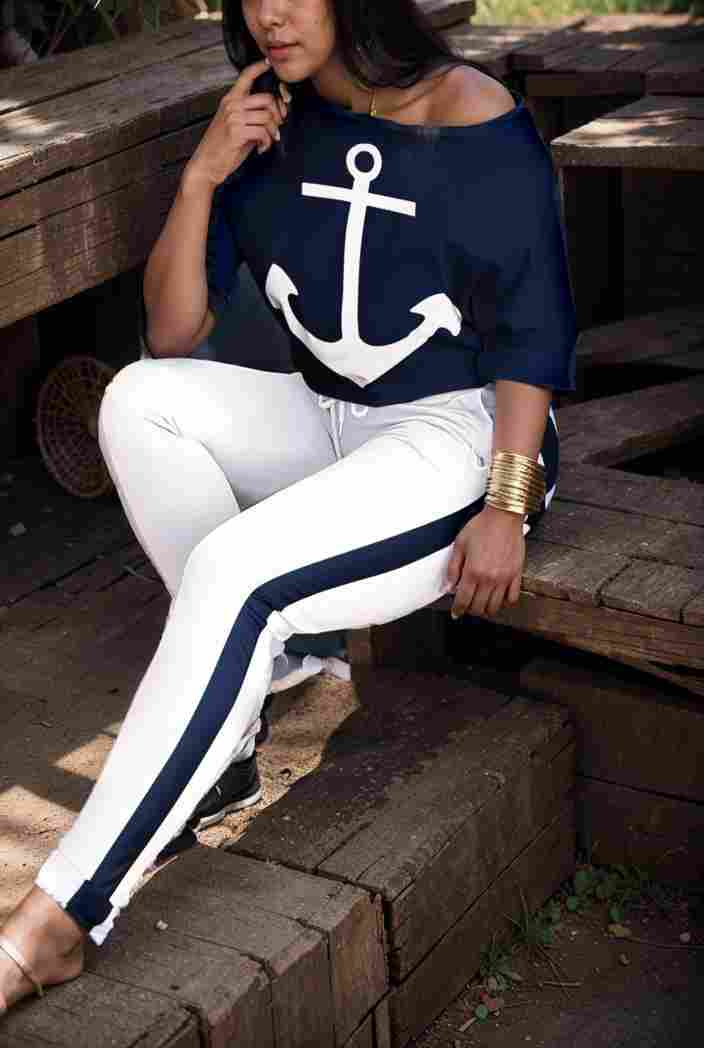 anchor print v neck long sleeve t shirt trousers two piece suit 113289