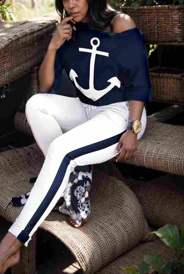 anchor print v neck long sleeve t shirt trousers two piece suit 120170