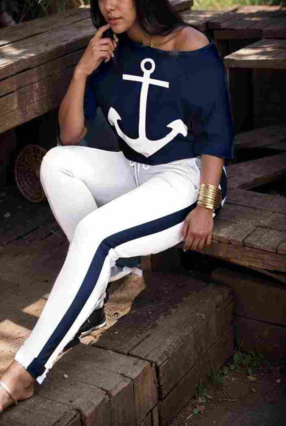 anchor print v neck long sleeve t shirt trousers two piece suit 137290