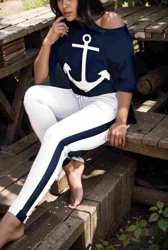 anchor print v neck long sleeve t shirt trousers two piece suit 104746