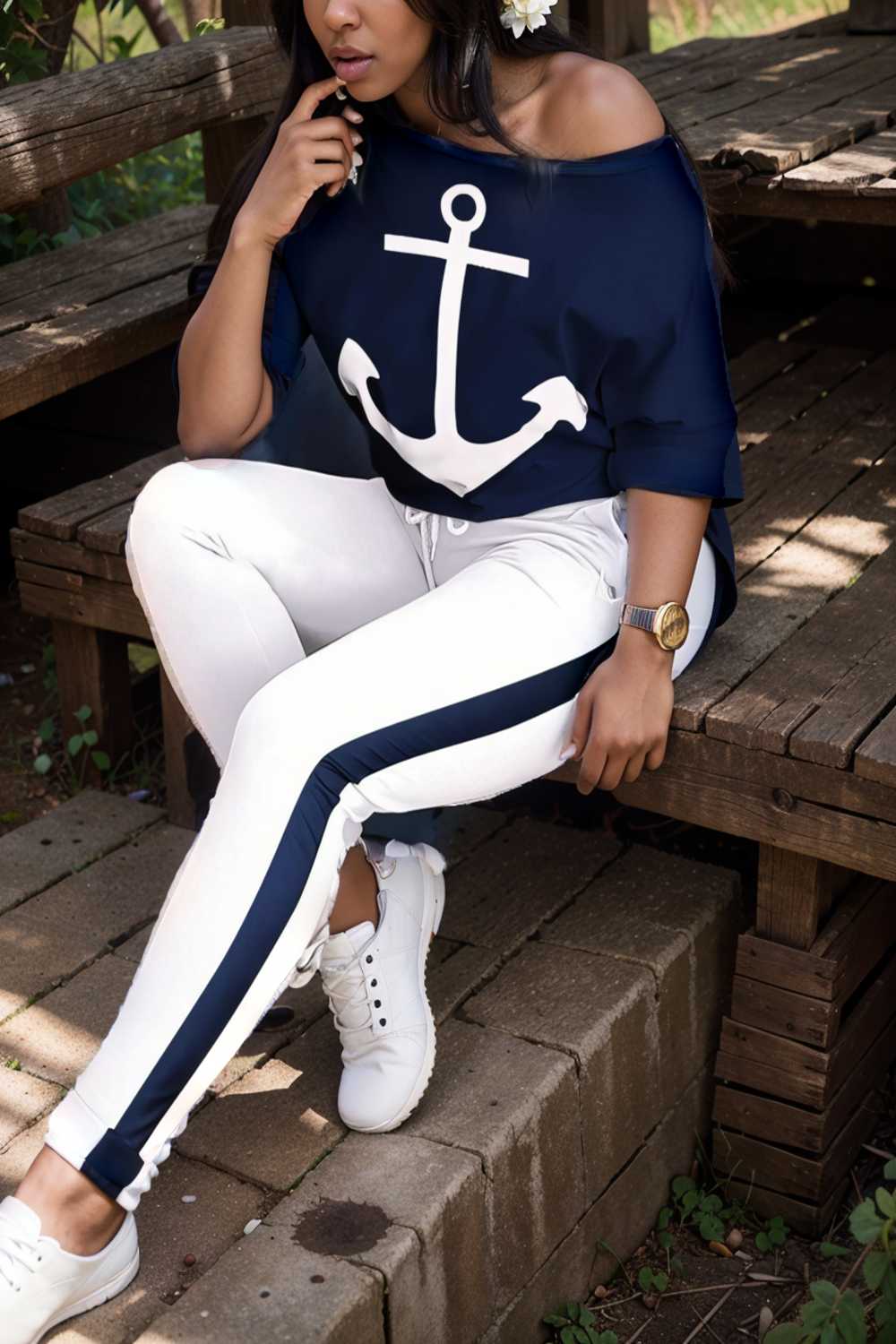 anchor print v neck long sleeve t shirt trousers two piece suit 107491