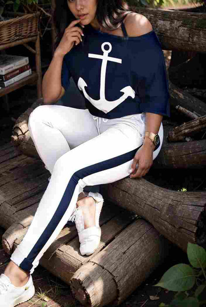 anchor print v neck long sleeve t shirt trousers two piece suit 110733