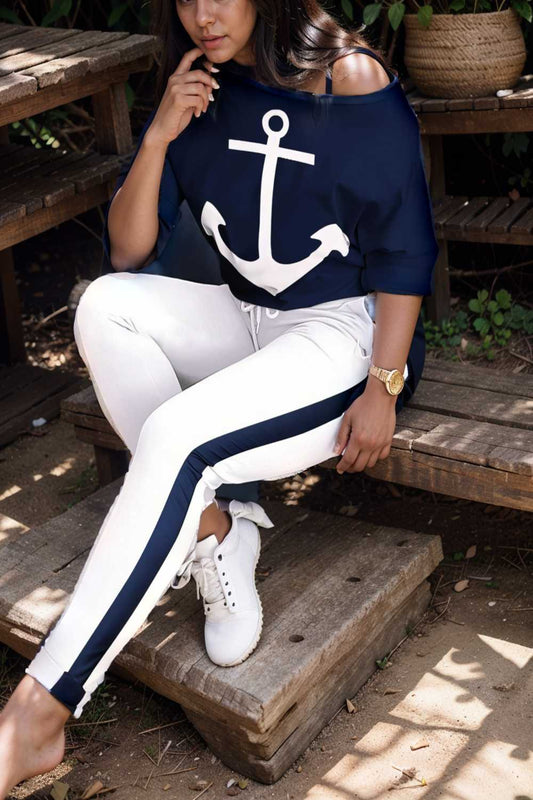 anchor print v neck long sleeve t shirt trousers two piece suit 102579