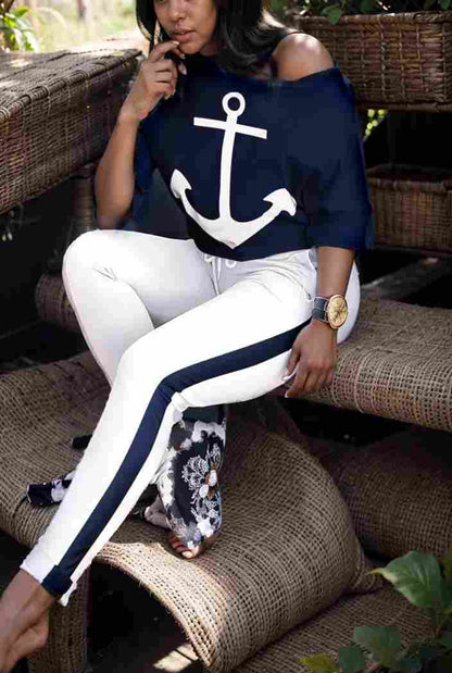 anchor print v neck long sleeve t shirt trousers two piece suit 107292