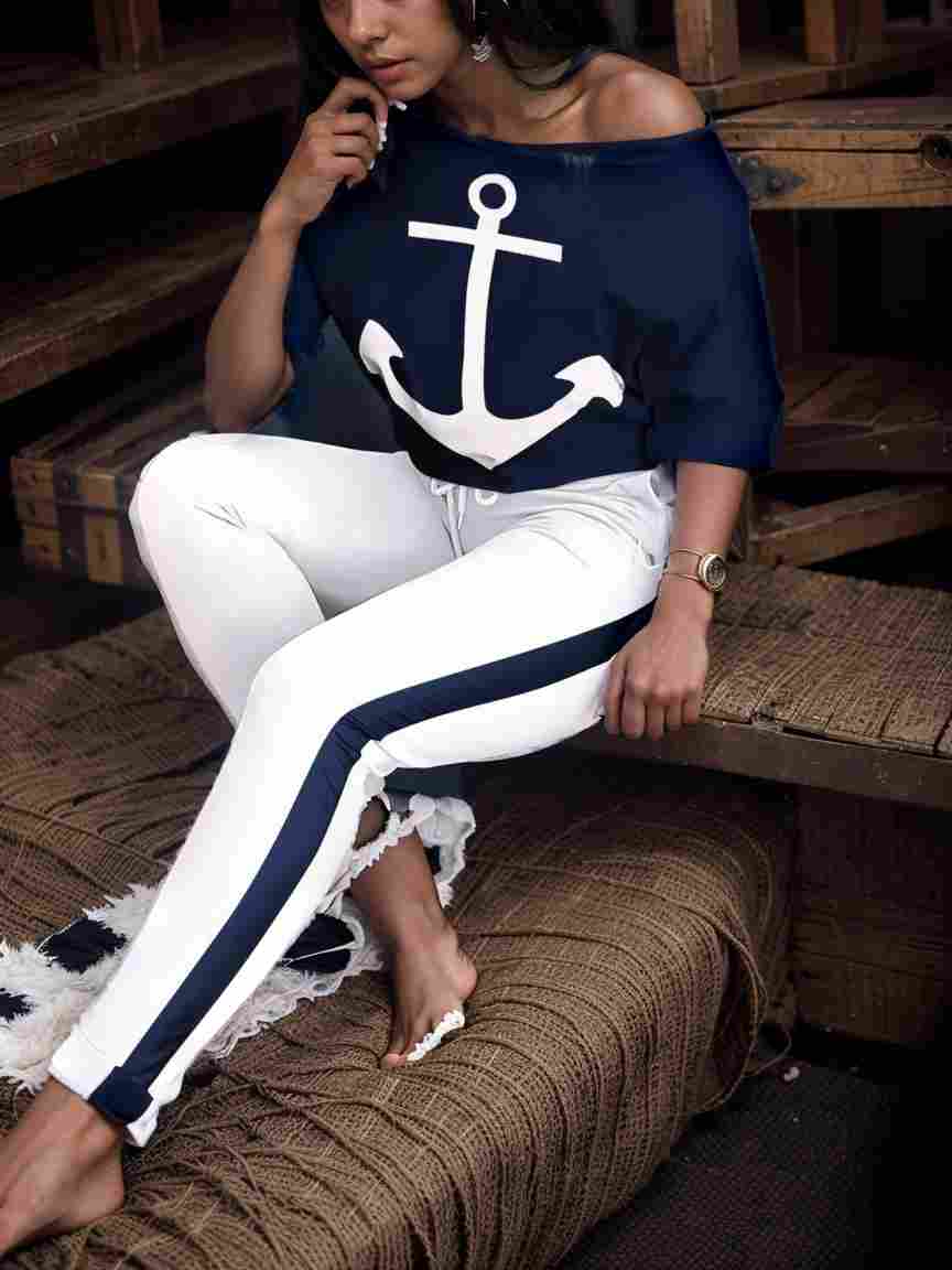 anchor print v neck long sleeve t shirt trousers two piece suit 100052