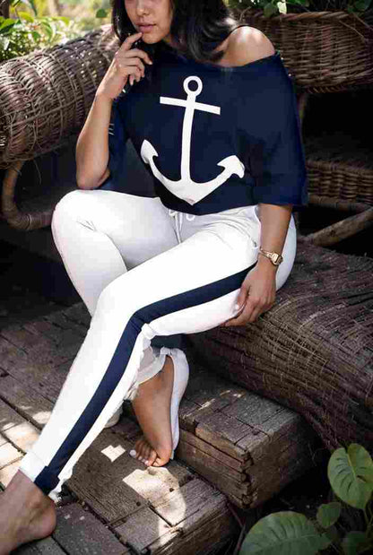 anchor print v neck long sleeve t shirt trousers two piece suit 134008