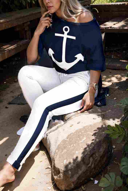 anchor print v neck long sleeve t shirt trousers two piece suit 135086