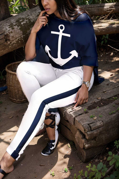 anchor print v neck long sleeve t shirt trousers two piece suit 107490