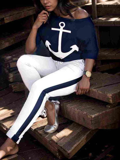 anchor print v neck long sleeve t shirt trousers two piece suit 100051