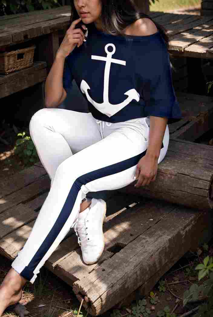 anchor print v neck long sleeve t shirt trousers two piece suit 134009