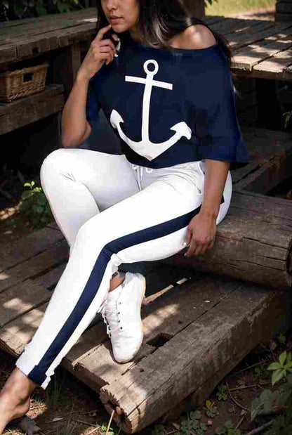 anchor print v neck long sleeve t shirt trousers two piece suit 104744