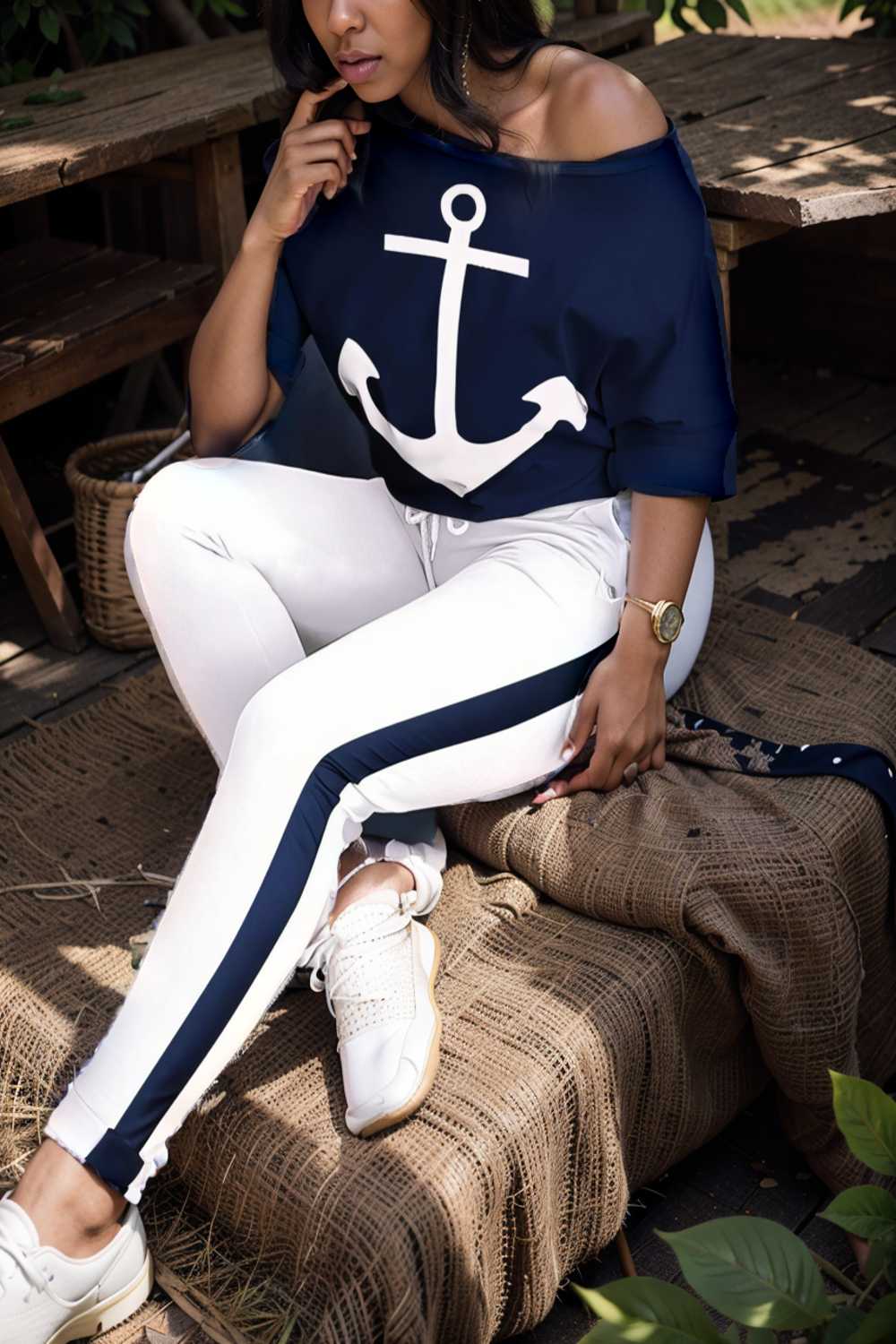 anchor print v neck long sleeve t shirt trousers two piece suit 107489