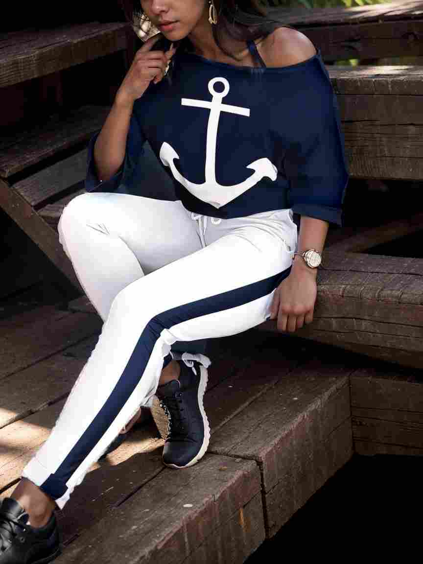 anchor print v neck long sleeve t shirt trousers two piece suit 100053