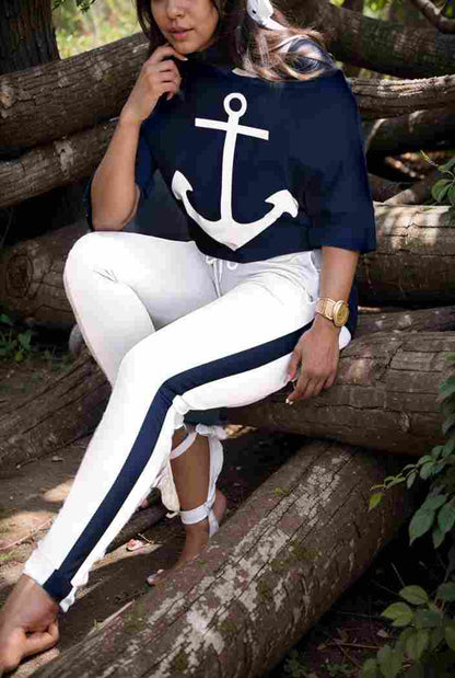 anchor print v neck long sleeve t shirt trousers two piece suit 119302