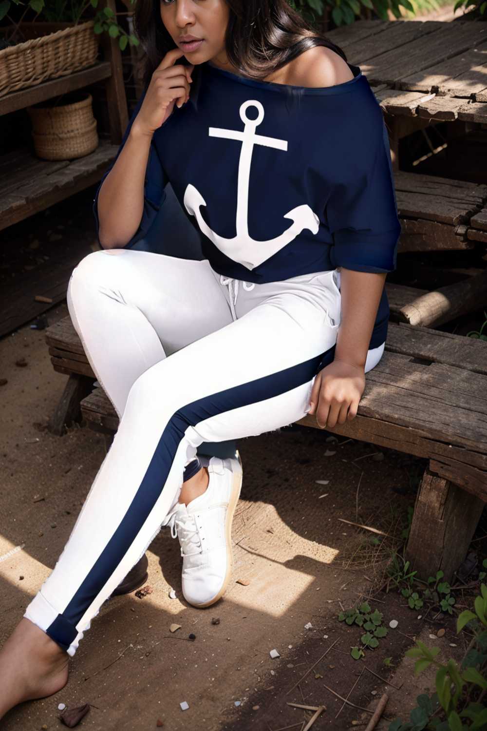 anchor print v neck long sleeve t shirt trousers two piece suit 107488