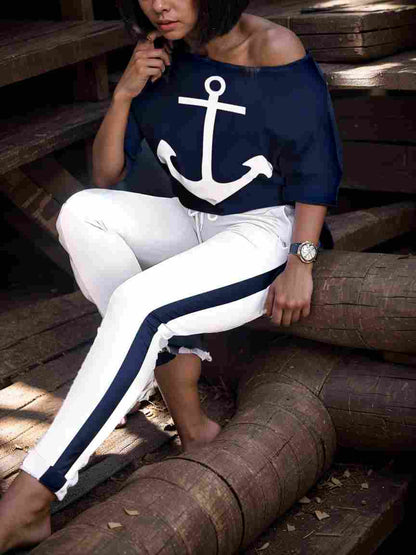 anchor print v neck long sleeve t shirt trousers two piece suit 100054