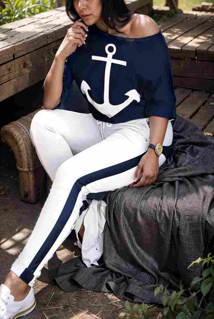 anchor print v neck long sleeve t shirt trousers two piece suit 119301