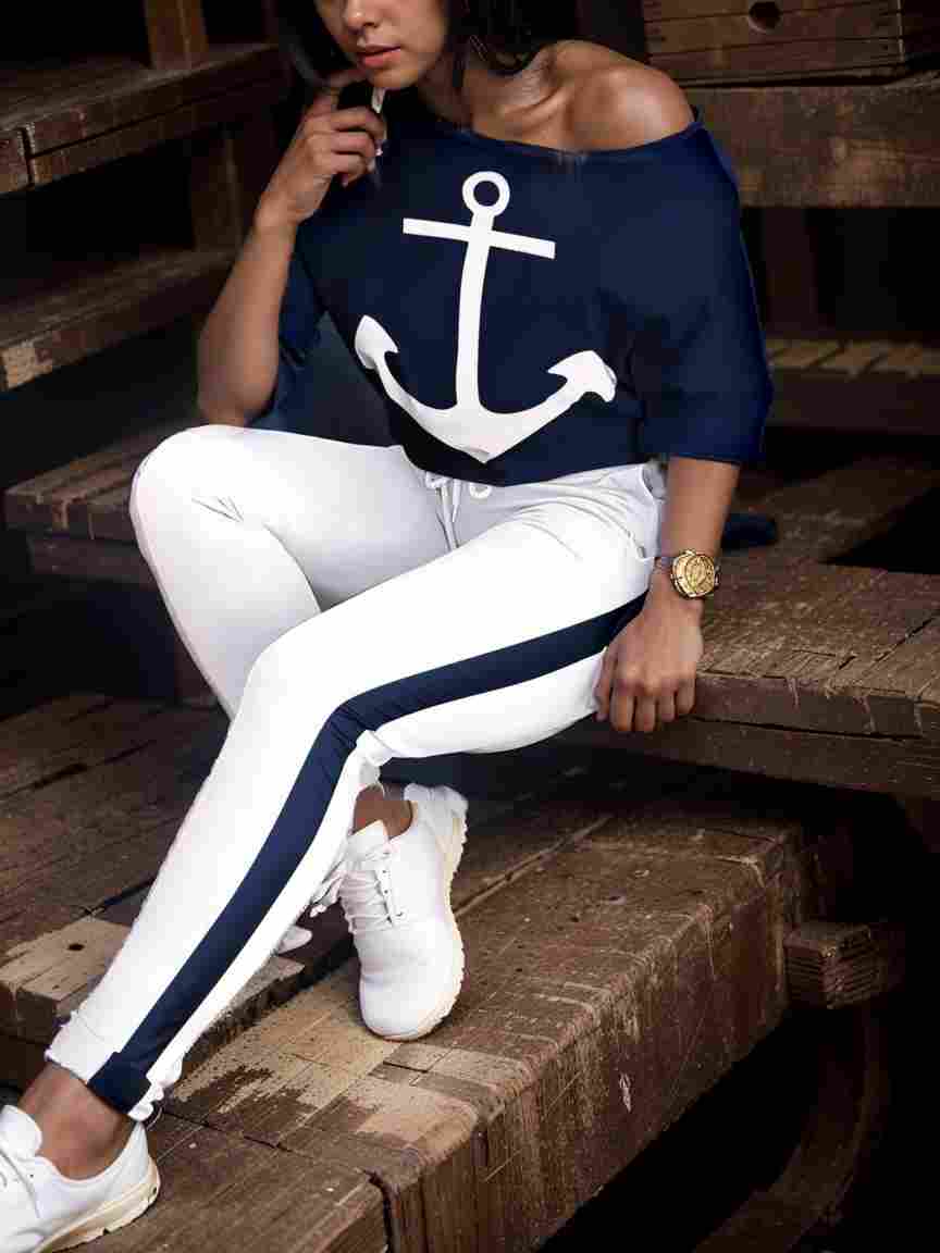 anchor print v neck long sleeve t shirt trousers two piece suit 100055